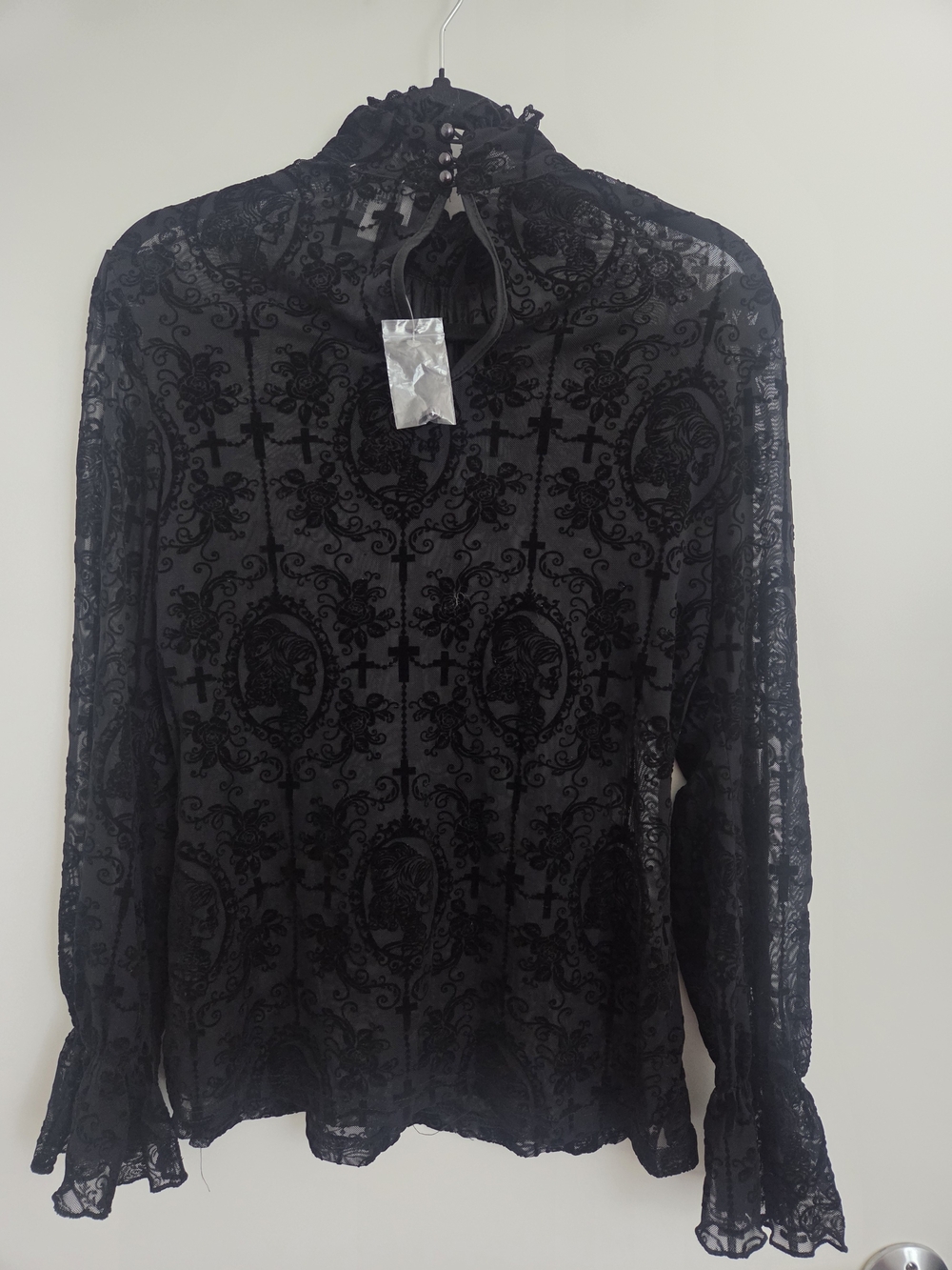 Unique Vintage Black Flocked Lace High Neck Blouse - Picture 2 of 6